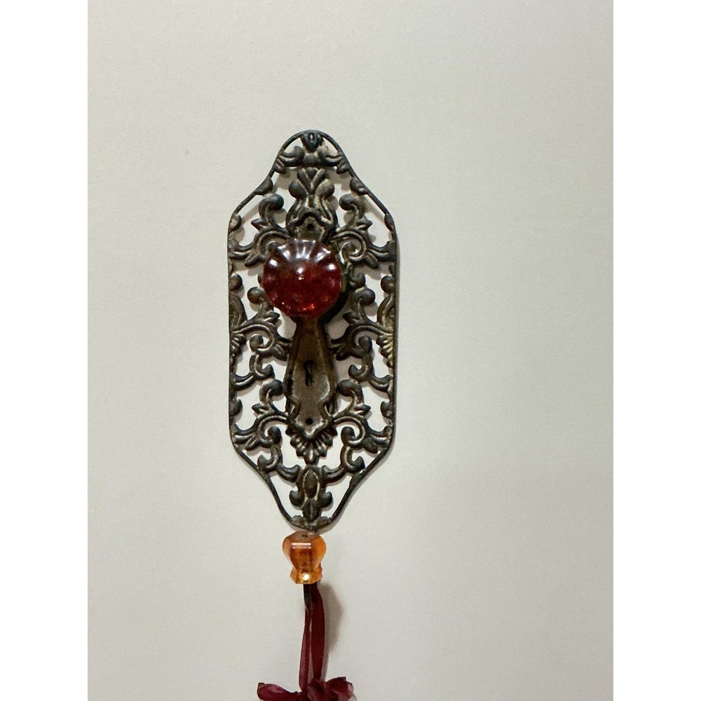 Vintage Ornate Filigree Wall Hanging with Red Glass Knob and Skeleton Keys